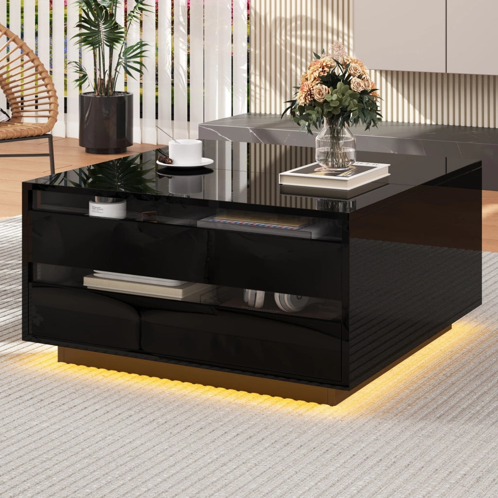 Tavolino da salotto quadrato 70 x 70 x 38 cm con piano ribaltabile; LED; nero lucido
