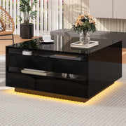 Tavolino da salotto quadrato 70 x 70 x 38 cm con piano ribaltabile; LED; nero lucido