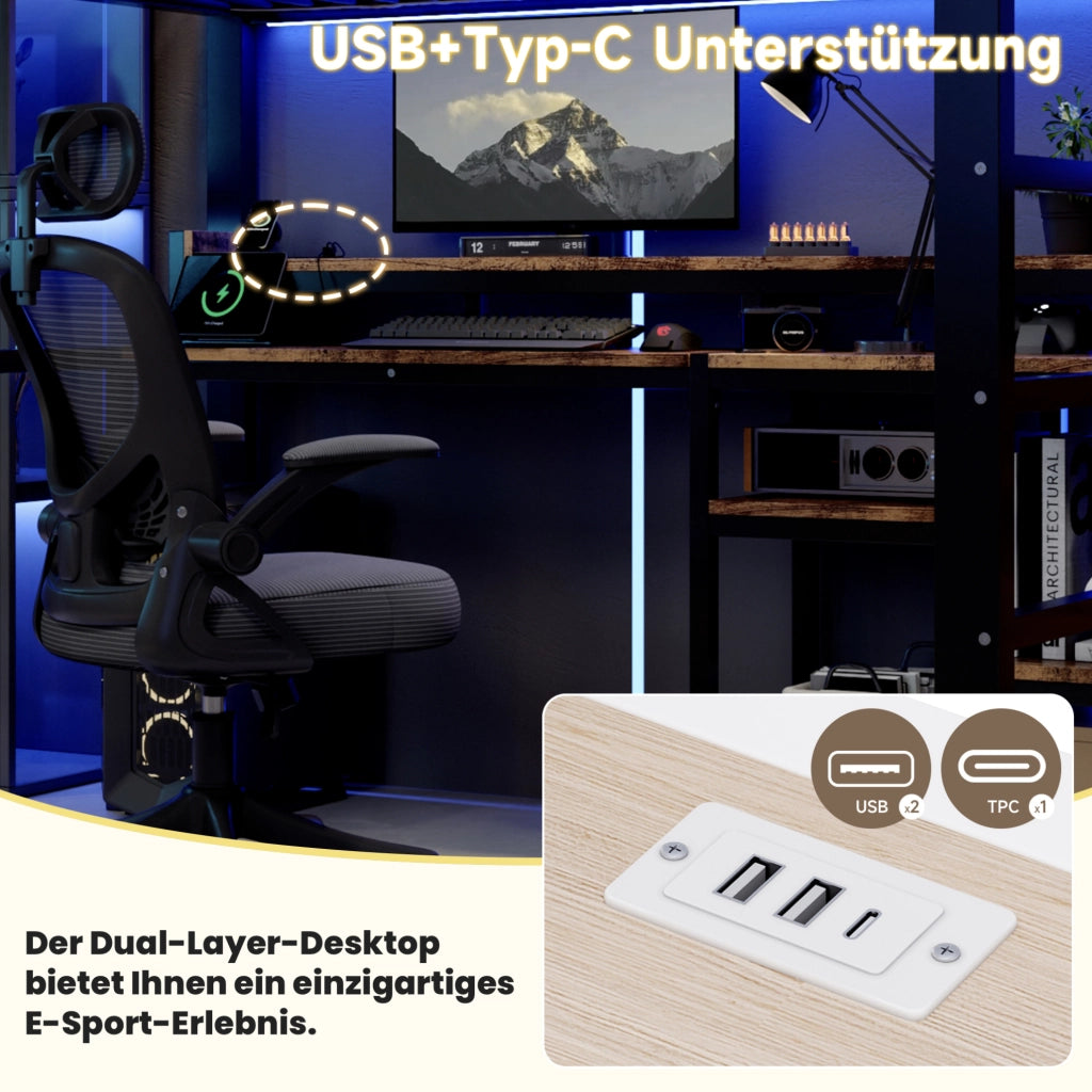 Letto a soppalco 140x200 cm in metallo e MDF; con scala contenitore; LED e USB; nero