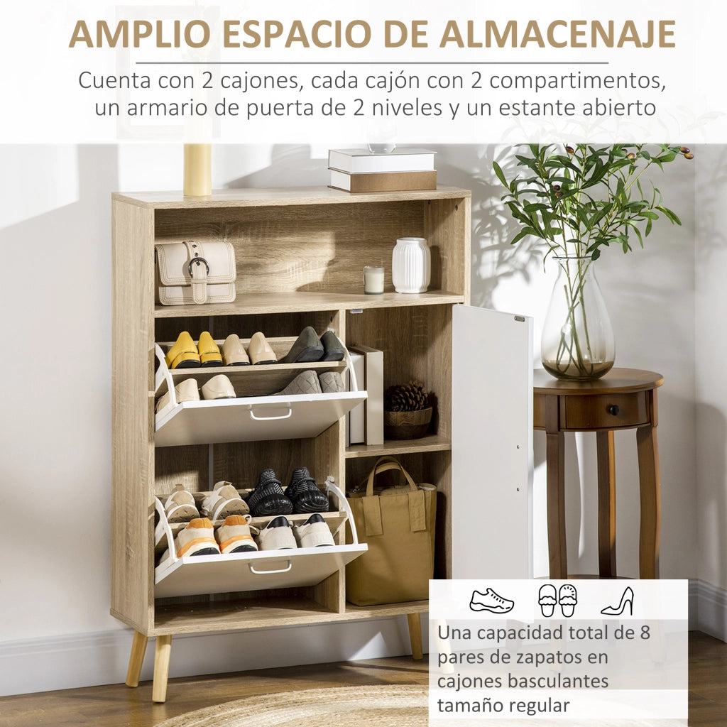 Armadio porta scarpe con cassetti e ripiano ¨C zephmum ¨C 80x25,5x112,5 cm bianco e naturale