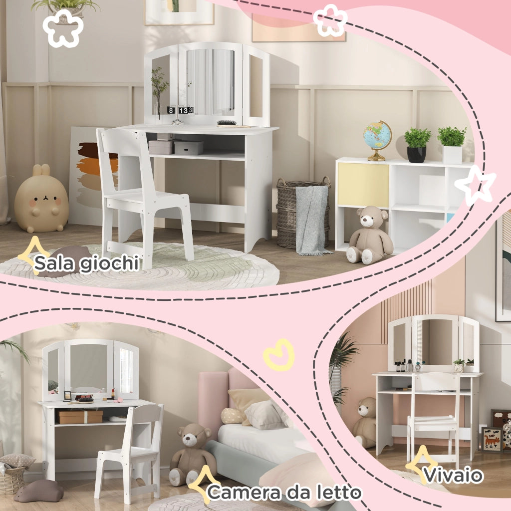Tavolo trucco bambini con specchio triplo e sedia ¨C zephmum ¨C bianco