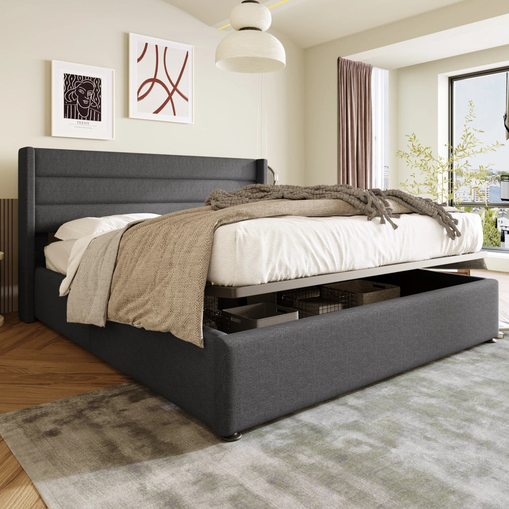 Letti contenitori 160x200 cm; sollevamento idraulico; lino; grigio (Senza materasso)