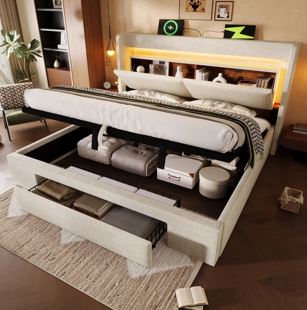 Letto con testiera multifunzione, contenitore idraulico, LED e porte USB
