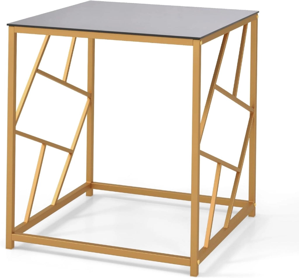 Tavolo laterale con piano in vetro temperato e struttura traforata in metallo resistente, tavolo per il tempo libero moderno come decorazione per soggiorno, studio, oro e nero