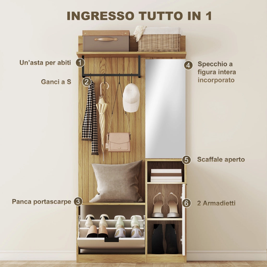 Appendiabiti con Panca, Scarpiera e Armadietto ¨C zephmum ¨C Rovere Bianco