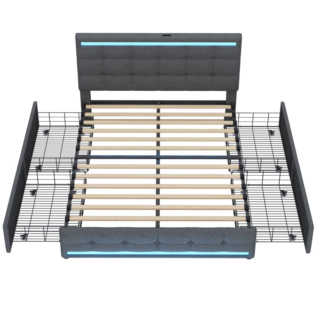 Letto imbottito 140x200 cm con LED e USB; con 4 cassetti; grigio