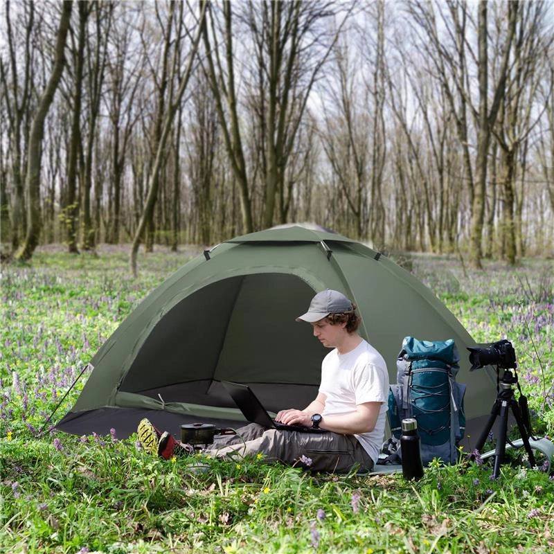 TENDA DA CAMPEGGIO 2 POSTI CON PORTA A CERNIERA, ZANZARIERA E FINESTRE A RETE, 206X152X110CM, VERDE
