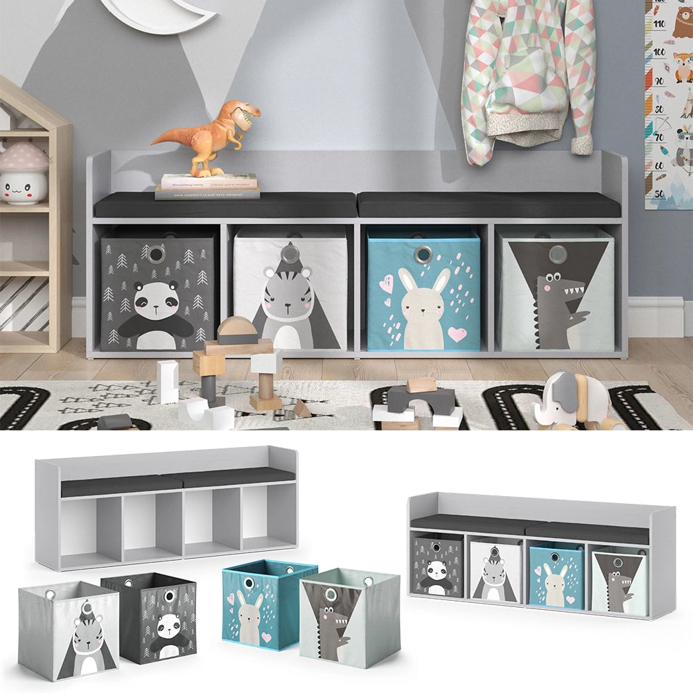 Vicco Scaffale per bambini Bianco 107.2 x 88.6 cm 4 scomparti, con cassette pieghevoli grigie