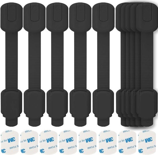 10 sloti per armadi e cassetti per bambini, sloti per cassetti per bambini, sloti per bambini, sloti per porte, sloti per cassetti per bambini, kit di fissaggio 3M senza perforazione (nero)