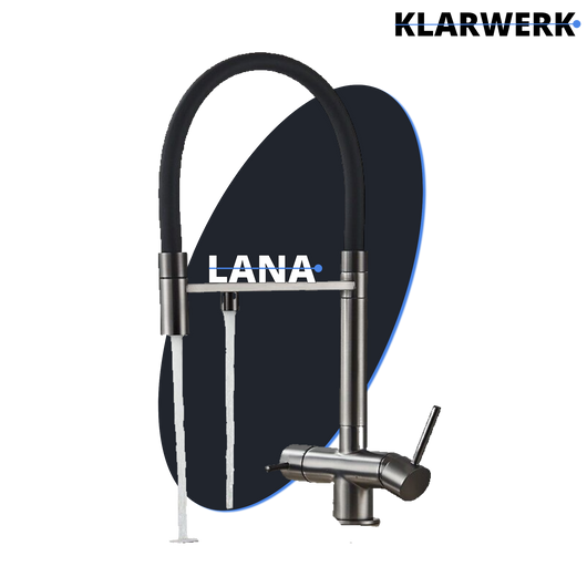 Lana | Rubinetto estraibile grigio nero a 3 vie | Miscelatore cucina per acqua potabile in acciaio inossidabile | Girevole a 360° Filtra 3 connessioni