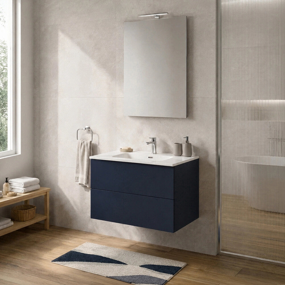 Mobile bagno sospeso 80 cm blu due cassetti push-pull e lavabo Tierra