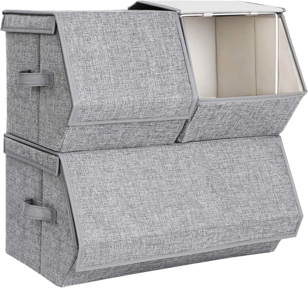 SONGMICS Scatole Portaoggetti Impilabili, Set di 3 Contenitori con Coperchio, Cornice di Metallo, Chiusura Magnetica, per Vestiti Giocattoli Libri, Grigio RLB12GY