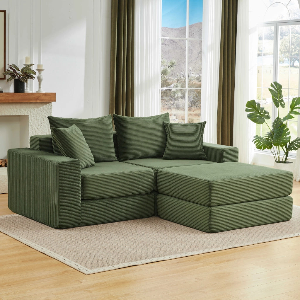 Divano modulare convertibile in letto con base antiscivolo e rivestimento in velluto a coste verde 259,5 × 96 × 80 cm