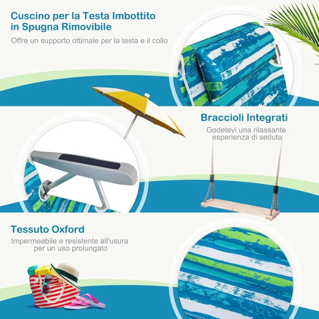 Sedia da Spiaggia, Sdraio Pieghevole a 5 Posizioni con Portabicchieri, Poltrona da Spiaggia con Cuscino per Testa e Zaino, Sedia da Campeggio Portatile, Portata 150 kg (Blu e Verde,1)