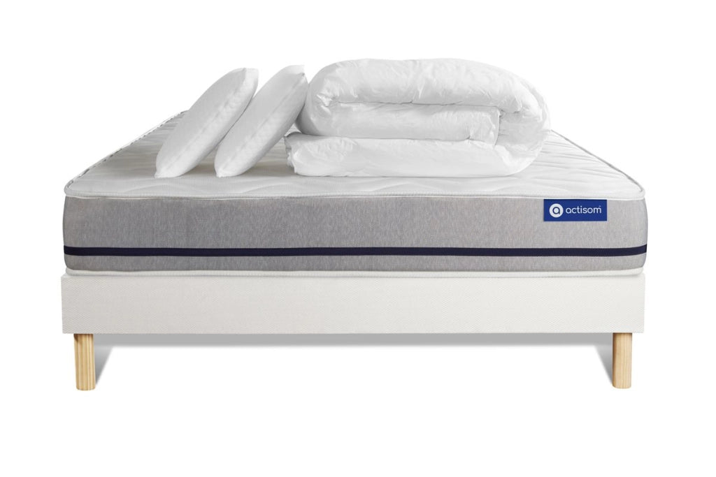 Pacchetto letto completo - Materasso 140x190cm + Box spring con doghe (in kit) + 2 cuscini + Piumino - Actimemo Soft