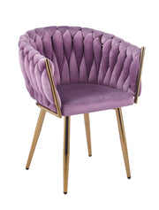 Poltrona Con Schienale In Velluto Intrecciato Design Moderno, Sedia Imbottita Circolare con Gambe in Metallo Placcato Oro Poltroncina Sala Pranzo Camera Salotto Cucina con Seduta Morbida Viola