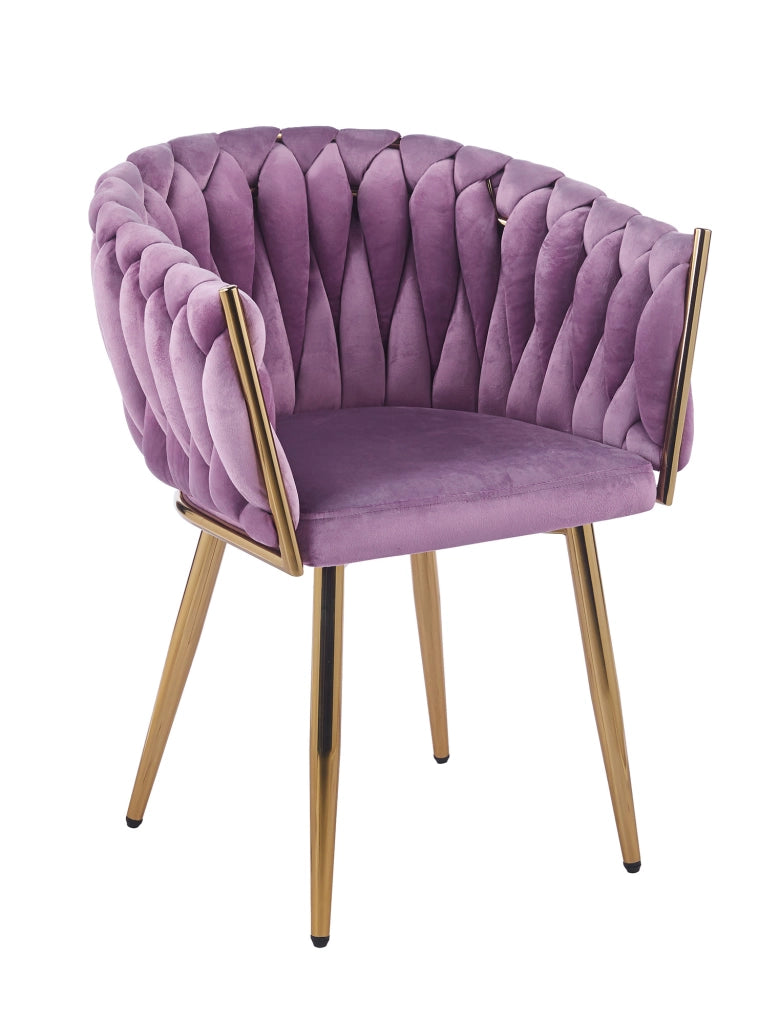 Poltrona Con Schienale In Velluto Intrecciato Design Moderno, Sedia Imbottita Circolare con Gambe in Metallo Placcato Oro Poltroncina Sala Pranzo Camera Salotto Cucina con Seduta Morbida Viola