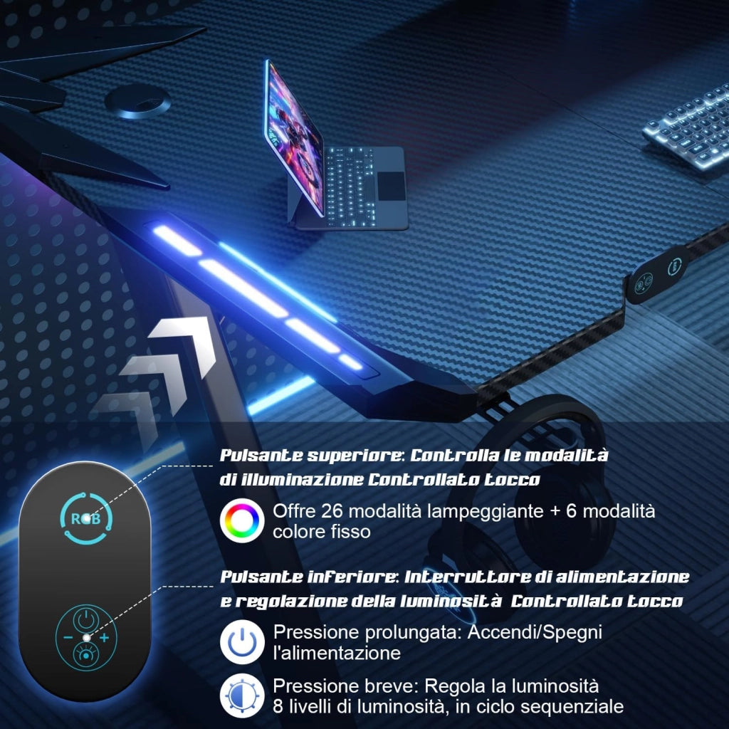140 x 60cm Scrivania Gaming LED, Tavolo Gaming Ergonomica, Scrivania per Computer con Porta Bicchiere e Ganci per Cuffie, Postazione con Piano del Tavolo in Fibra di Carbonio, Nero