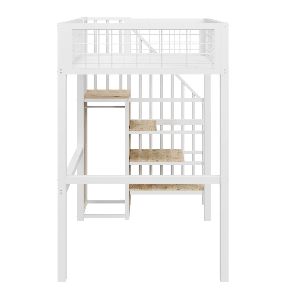 Letto a soppalco 90×200 cm in metallo bianco con scala e armadio