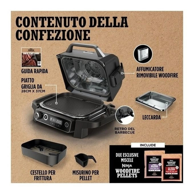 Ninja OG701EU Woodfire Barbecue Elettrico Affumicatore e Friggitrice ad Aria 7 in 1 2400 W colore Grigio Nero