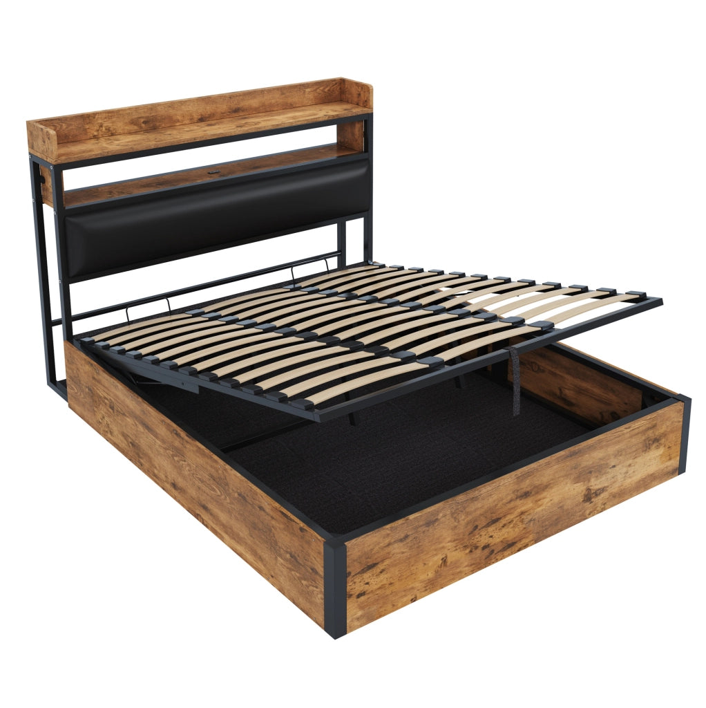 Letto 180x200 cm nero metallo e legno con vano contenitore e USB