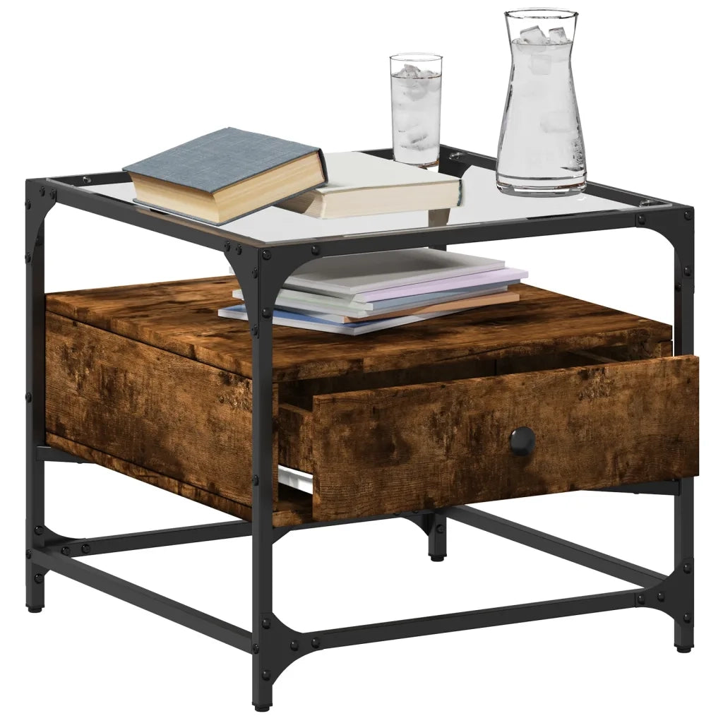 Tavolino da salotto | Tavolino da caff¨¨ | Tavolino da Soggiorno con Piano in Vetro Rovere Fumo 50x50x45 cm Acciaio