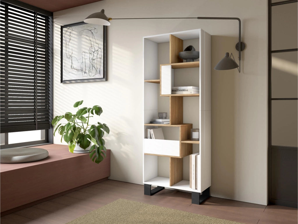 Libreria scaffale, 174x67x31, Design industriale, Bianco e Rovere RF4124