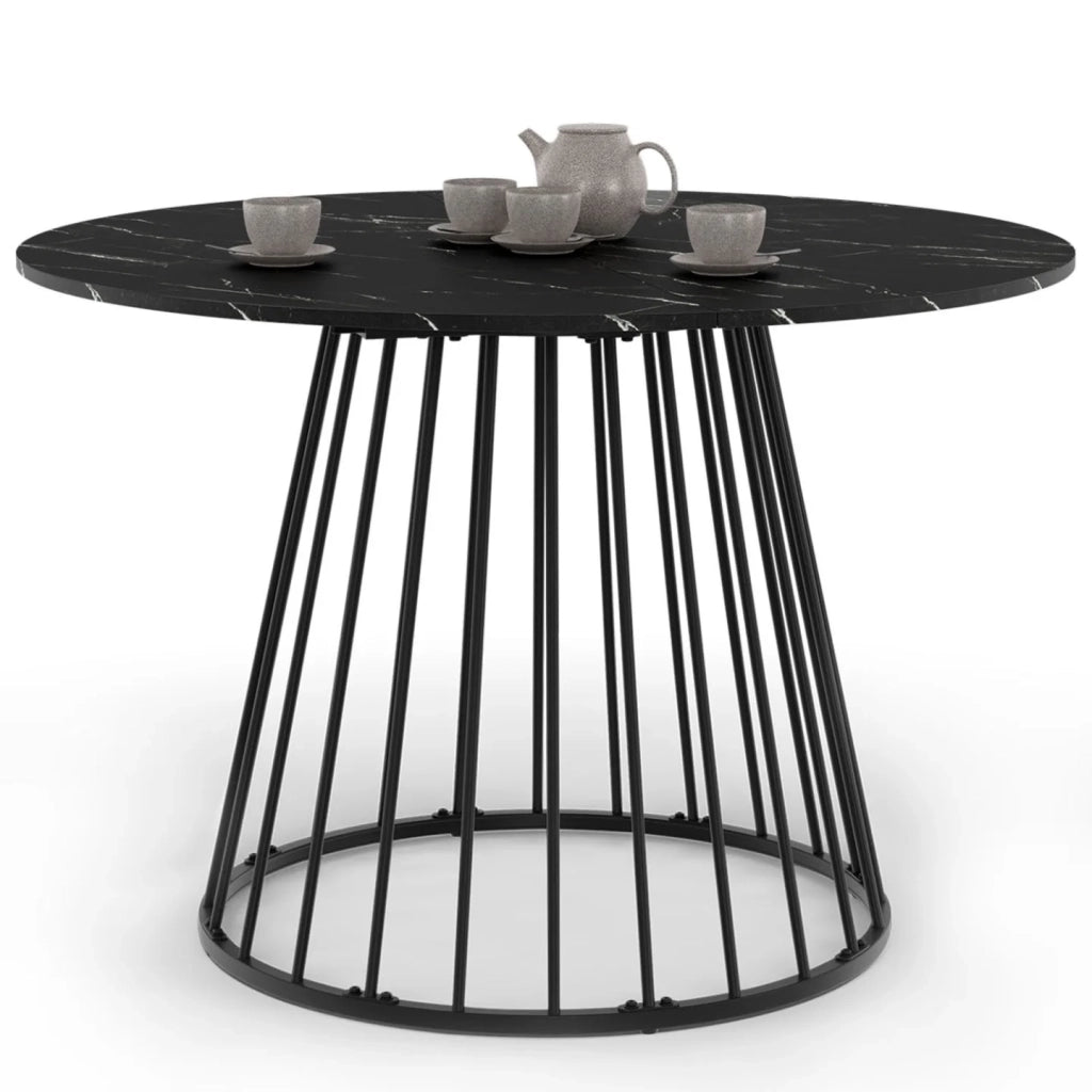 IDMarket - Tavolo da pranzo rotondo per 6 persone YUNA con piano in marmo nero effetto ALASKA e gamba in filo metallico nero 110 cm