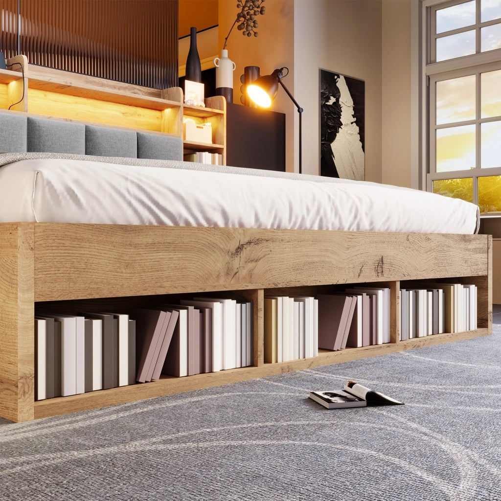 Letto matrimoniale 180 × 200 cm con illuminazione LED, porte USB e USB-C, contenitore e senza materasso