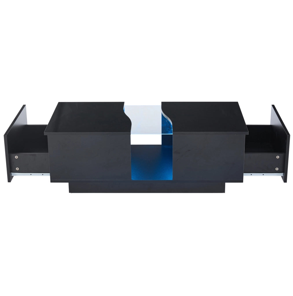 Tavolino da salotto moderno con LED; 2 cassetti; 100 x 50 x 35 cm; nero lucido in MDF e acrilico