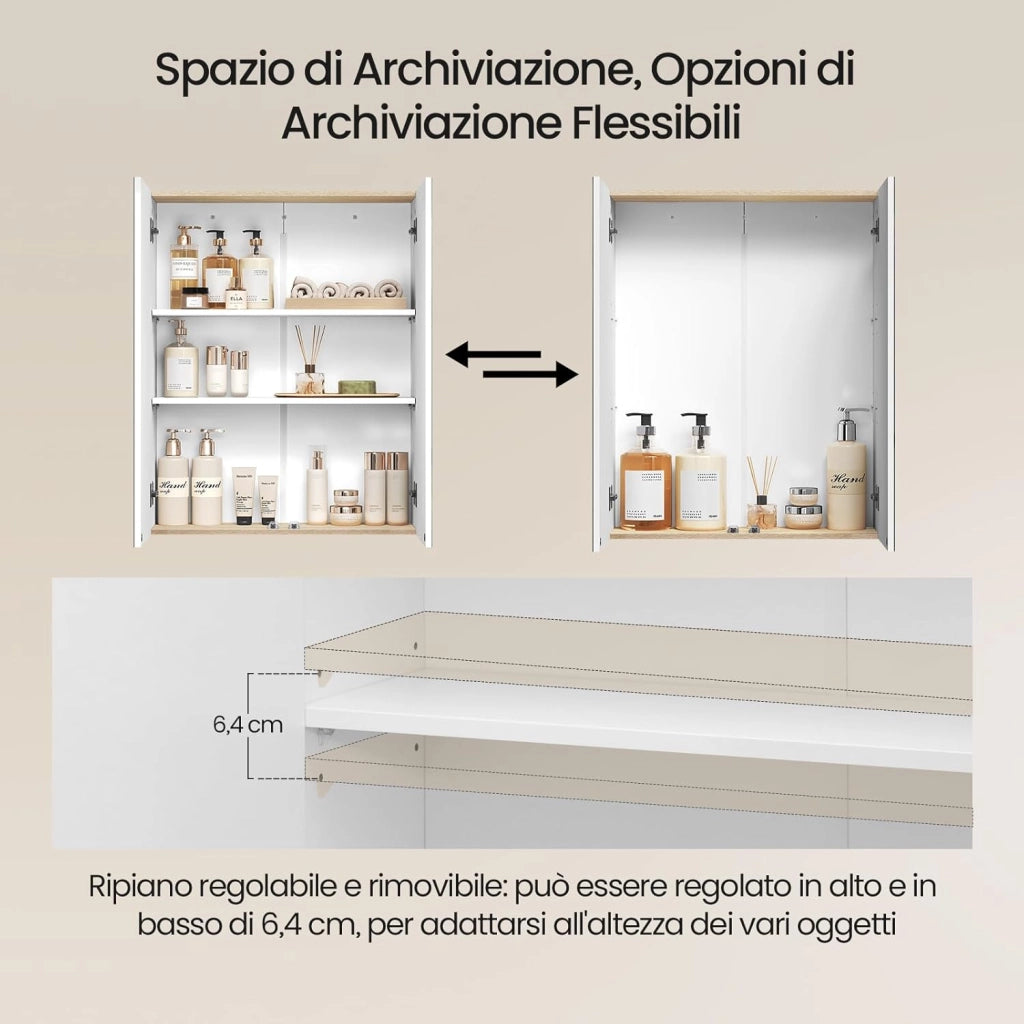 Armadietto da Bagno Pensile, Specchio Contenitore con 2 Ripiani Interni Regolabili, Mobile Sospeso da Bagno Salvaspazio con 2 Ante, Mobiletto Bianco e Rovere 60x20x75cm