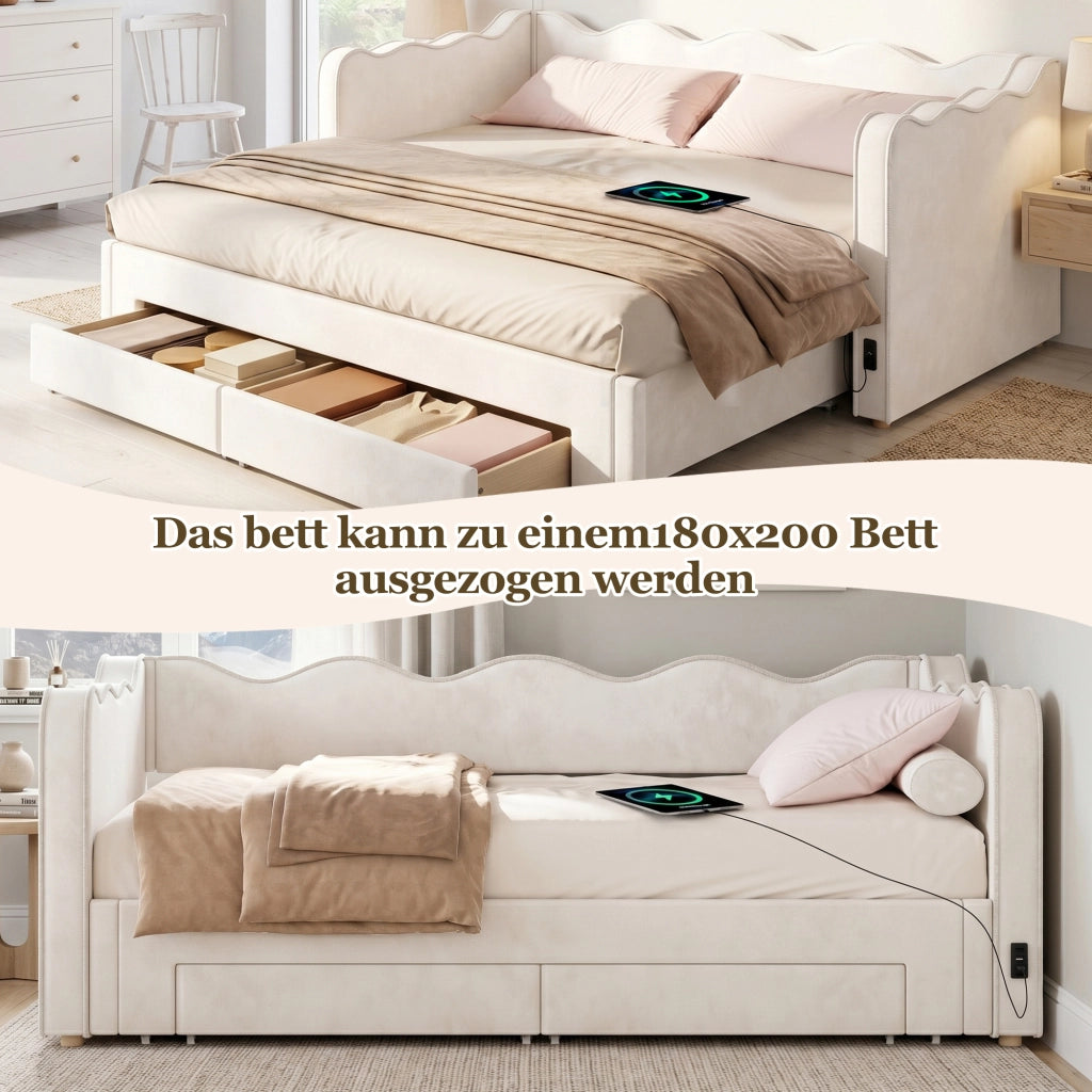 Letto divano estraibile 90 × 200 cm con 2 cassetti, USB e Type-C, senza materasso, in velluto, beige
