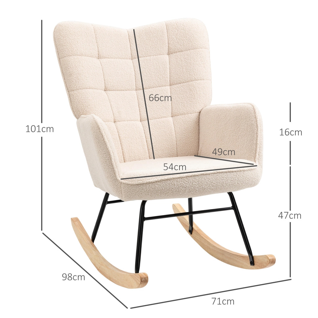 Poltrona a dondolo in poliestere con schienale trapuntato, seduta imbottita e base in legno di faggio beige