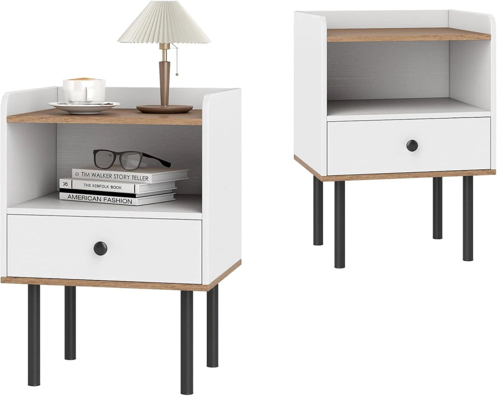 Comodino in Legno con Cassetto, Tavolino da Salotto con Ripiano Aperto, Comodino Moderno per Camera da letto, Soggiorno, Cameretta, 40,5 x 35 x 56 cm (1, Nero)