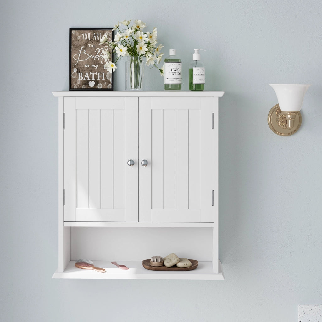 Armadietto bagno da parete bianco con doppia anta, ripiani regolabili e vani aperti, in MDF