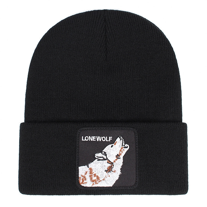 Berretto ricamato LONE WOLF, lavorato a maglia con risvolto, nero