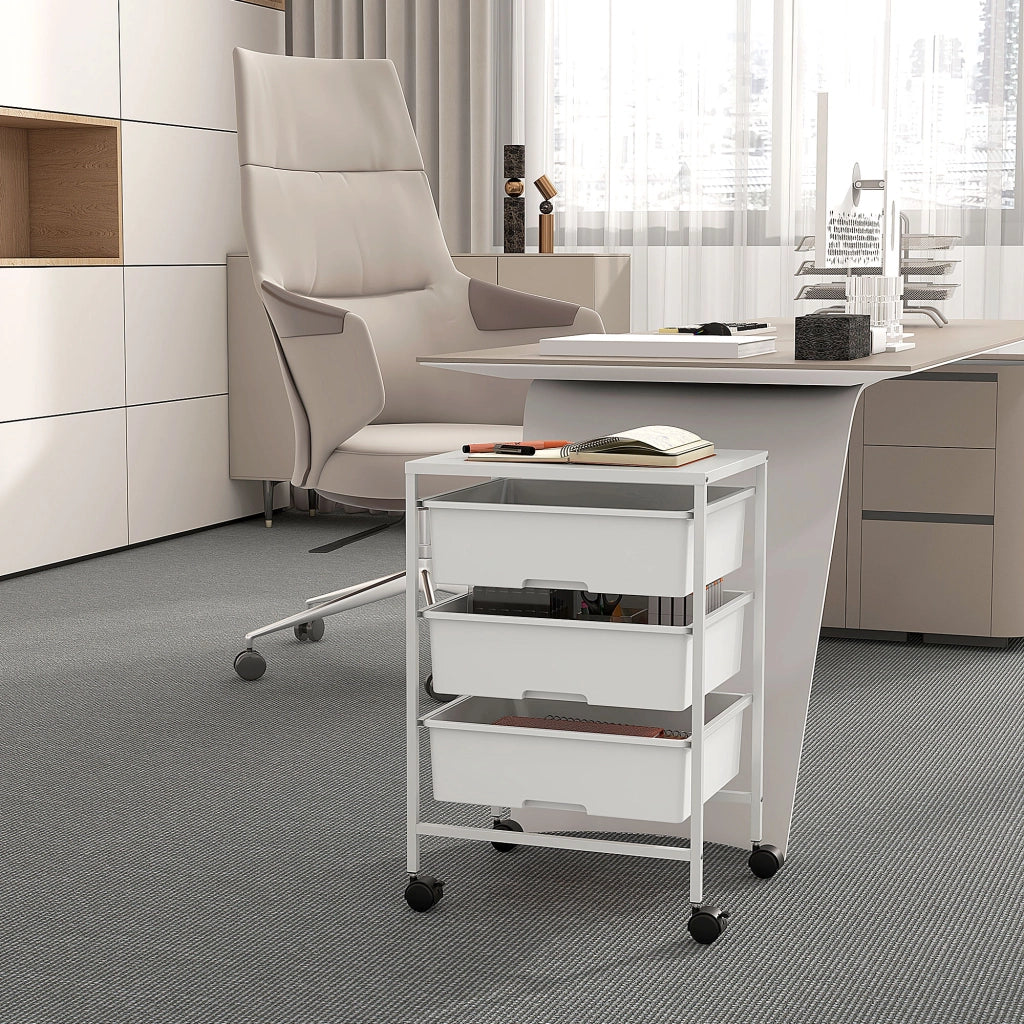 Carrello Multiuso con 3 Cestini Estraibili e Ruote ¨C zephmum ¨C Acciaio e PP, Bianco