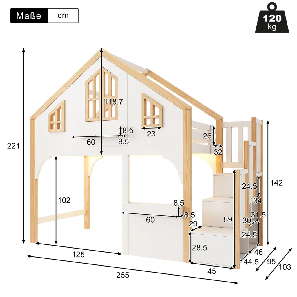 Letto a soppalco per bambini 90x200 cm in legno di pino e MDF con LED e scala contenitore; bianco