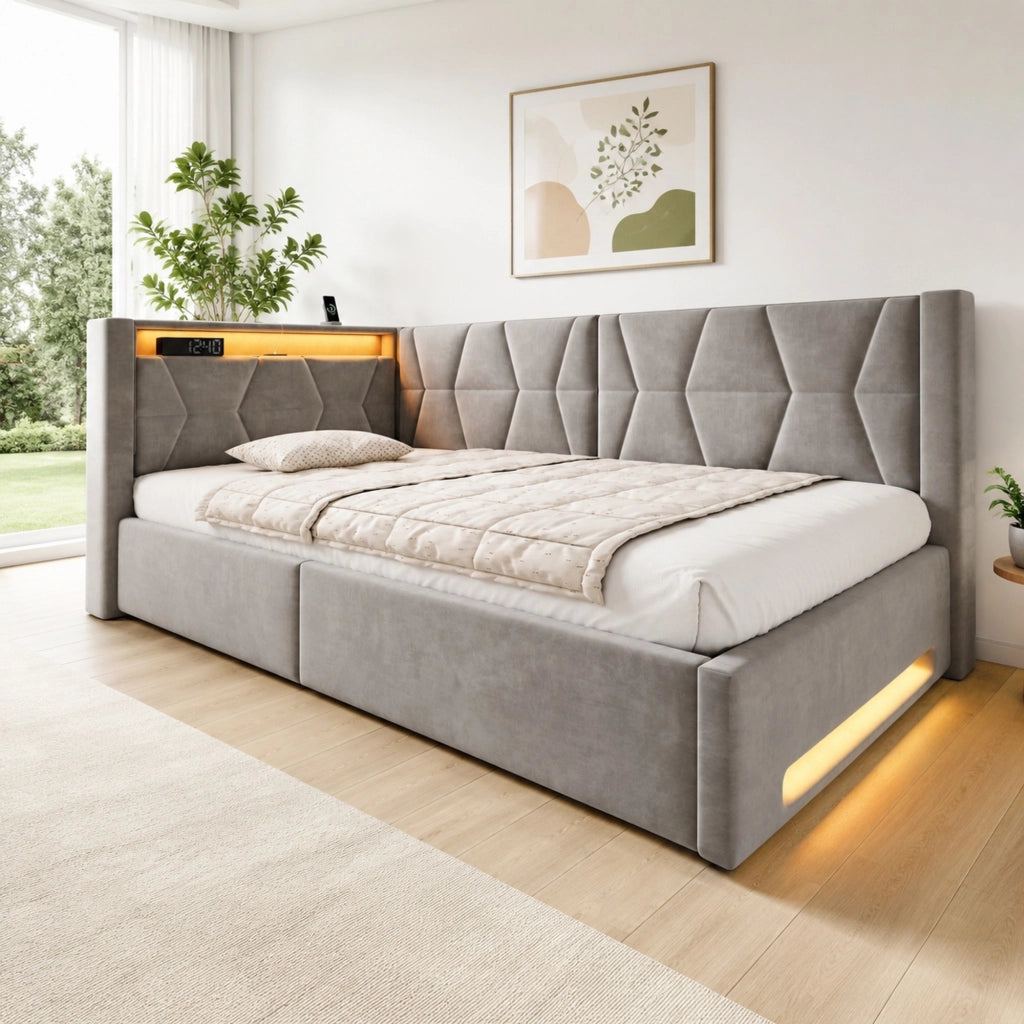 Letto imbottito con contenitore 140 x 200 cm in velluto grigio scuro; LED; USB e Type-C