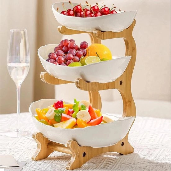 Fruitschaal standaard 3 in 1 con 3 posizioni, con sedia a sdrucciolo in bambù, per frutta, cesti per frutta per cucine, feste, barbecue