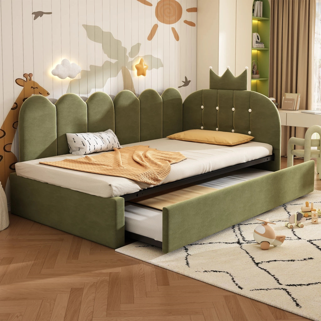 Letto Estraibile 90x200 cm e 90x190 cm - Design a Corona; Reversibile - Velluto Verde
