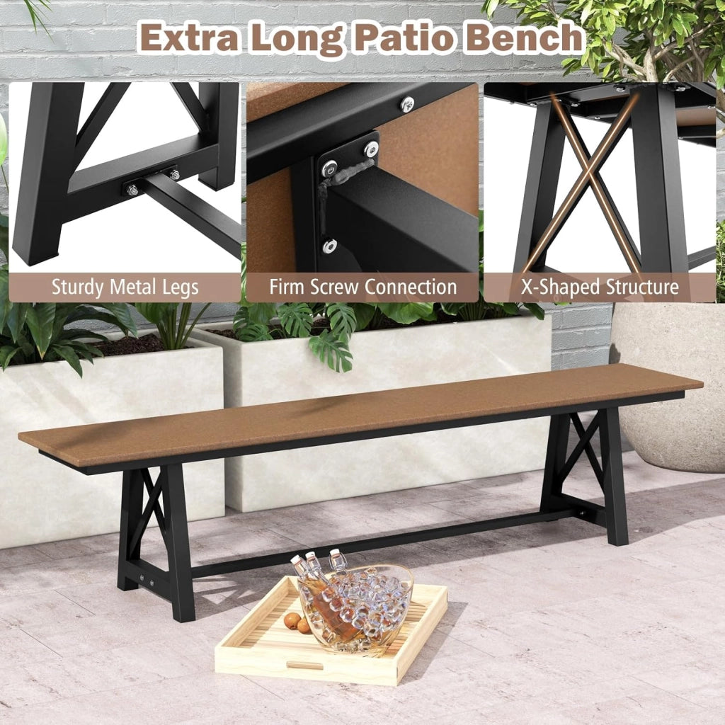 Panca da Giardino 3-4 Posti, Panchina da Esterno Portata 500 kg, Panchina da Giardino in HDPE e Metallo, per Cortile, Parco, Terrazzo, 183 x 35 x 41,5 cm, Marrone e Nero