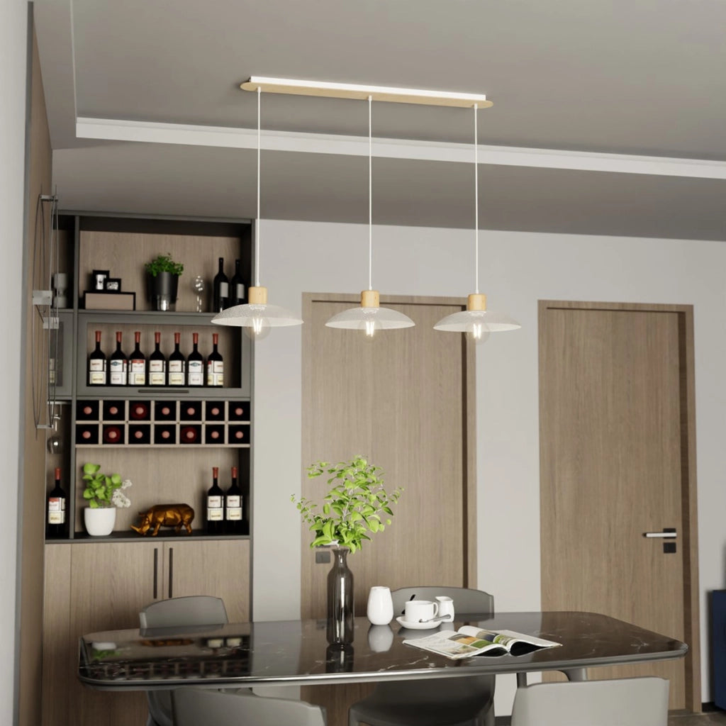 Lampada a sospensione KOBE 3 in acciaio bianco opaco e legno