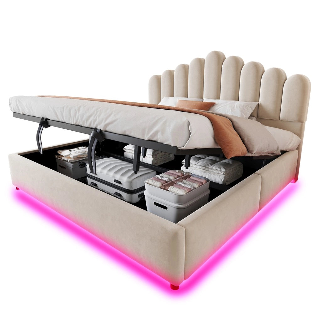 Letto imbottito contenitore con rete a doghe e LED ¨C Minimal ¨C Velluto beige 180x200cm