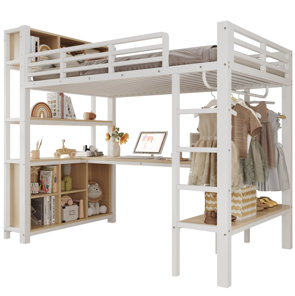 Letto a soppalco 90x200 cm con scrivania; appendiabiti; ripiani e vani portaoggetti; bianco