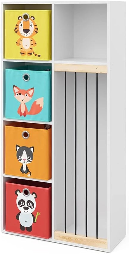 Libreria bambini Marvin, Bianco, 72 x 143 cm con 4 scatole pieghevoli opt.1, adatto per riporre giocattoli e libri