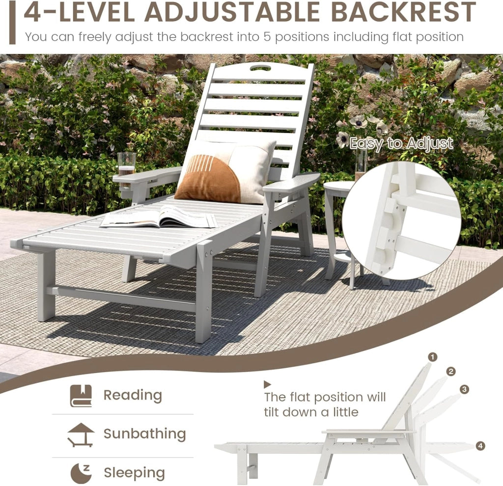 Lettino da giardino, con schienale regolabile in 4 posizioni, portabibite e braccioli, resistente alle intemperie, per terrazza, giardino, piscina, portata fino a 150 kg