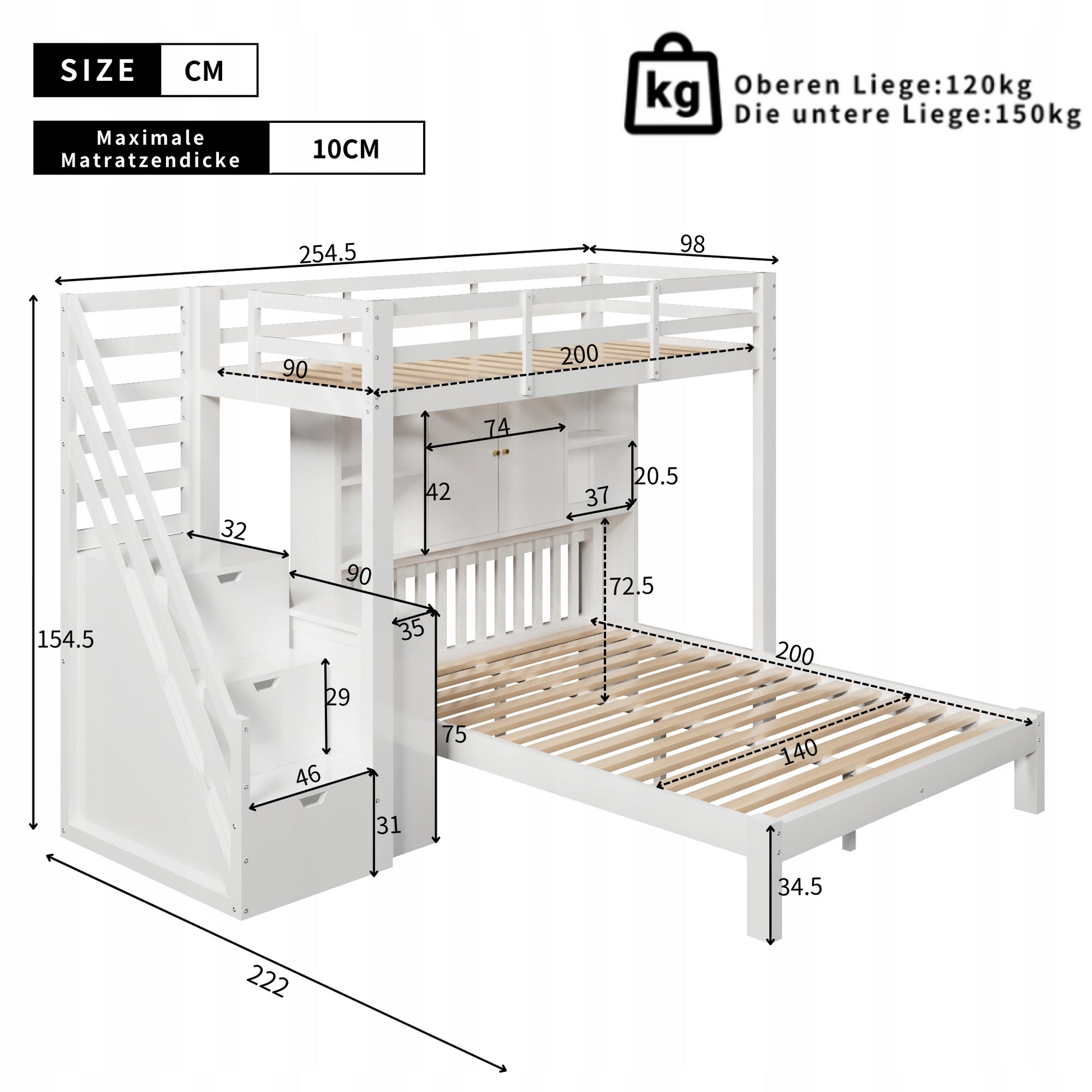 Letto a castello 90x200+140x200 - Xylo - Bianco con scaffale e ripostiglio
