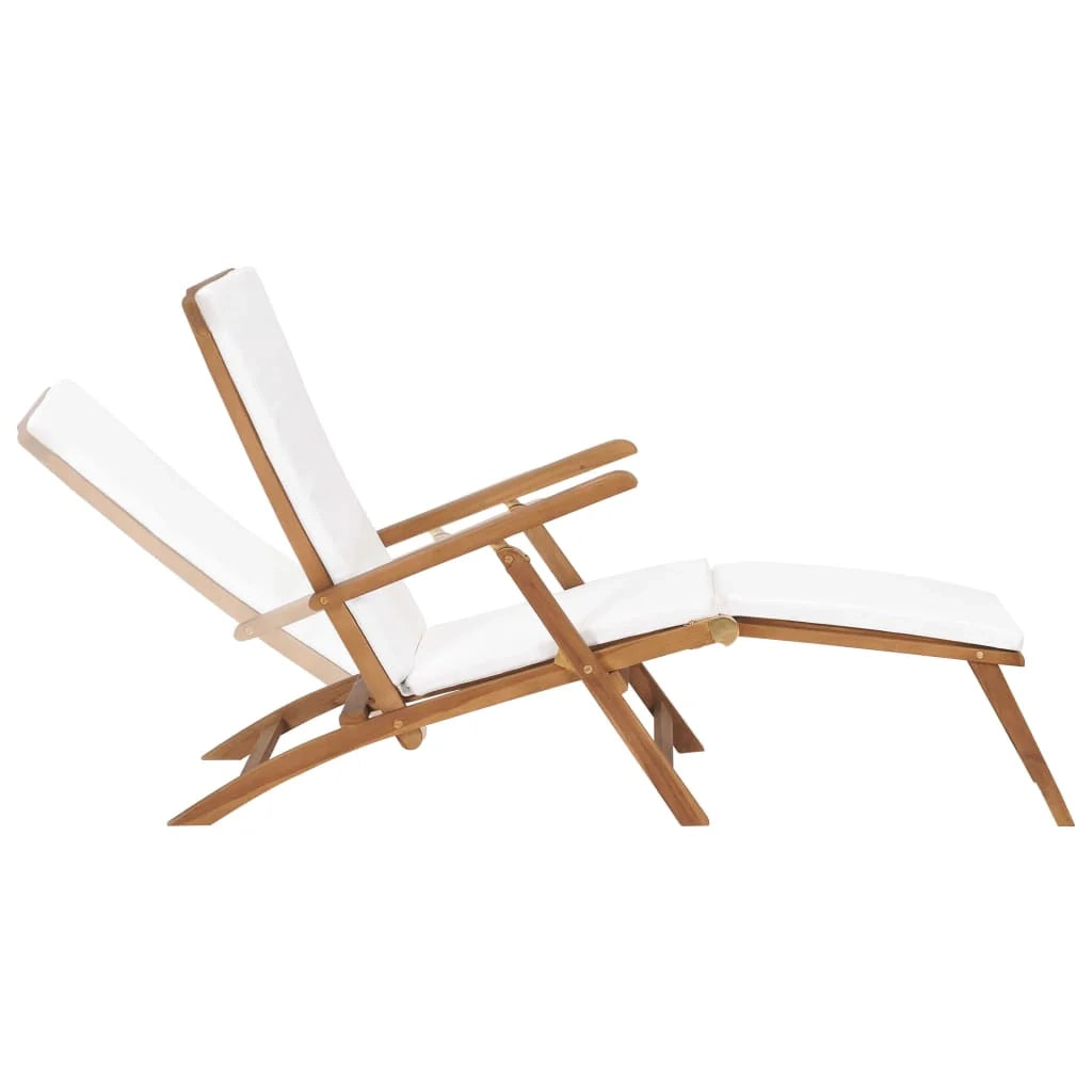 Lettino prendisole sedia a sdraio lettino prendisole letto da giardino mobili da esterno per patio con cuscino bianco crema legno massello di teak 02_0012304