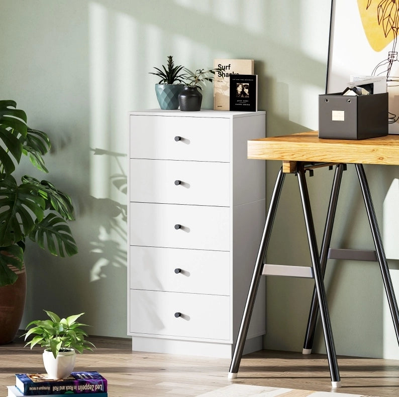 Commode 5 Tiroirs Blanc 47x29x95 cm - Meuble Rangement Salon Chambre Polyvalent